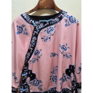 Freestyle Shirt Womens Large Pink Floral Asian Tunic Top Button Trim Blouse